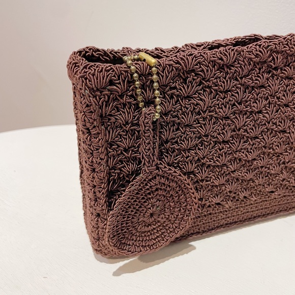 Vintage 40s Brown Corde Box Shaped Clutch w/Key Chain and Large Circular Tassel - Picture 3 of 13